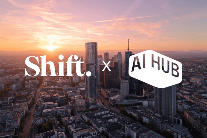 Logo von Shift und AI Hub vor der Frankfurter Skyline