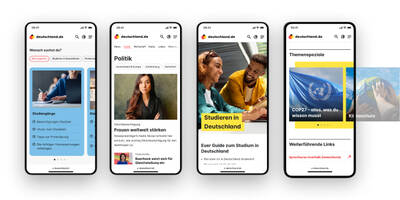 Vier Smartphones zeigen verschiedene Seitentypen von deutschland.de