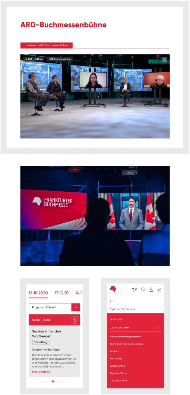 Eine Collage aus dem User Interface der virtuellen Buchmesse und der ARD-Buchmessenbühne